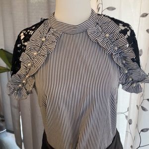NWT Women Striped Top Blouse Accented with Pearls